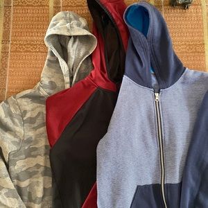 3 front zipper sweatshirts (16) worn, no tears or stains